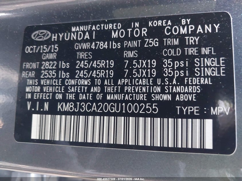 2016 Hyundai Tucson VIN KM8J3CA20GU100255 IAAI salvage auction — UNKNOWN, Clear (Virginia), sold $3,875 on 2026-07-09 (photo 9)