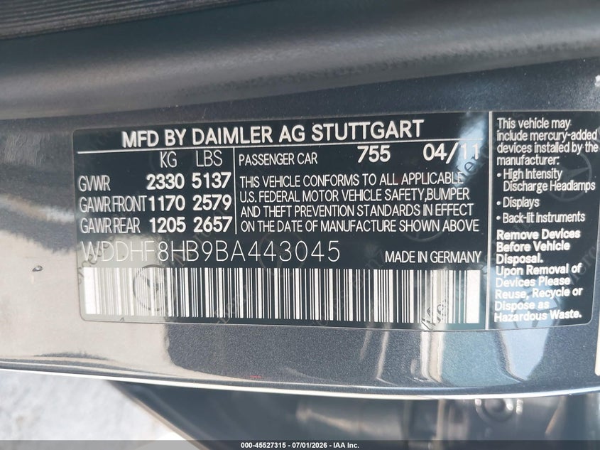 2011 Mercedes-benz E-class VIN WDDHF8HB9BA443045 IAAI salvage auction — FRONT END, Salvage (California), sold $25 on 2026-07-31 (photo 9)
