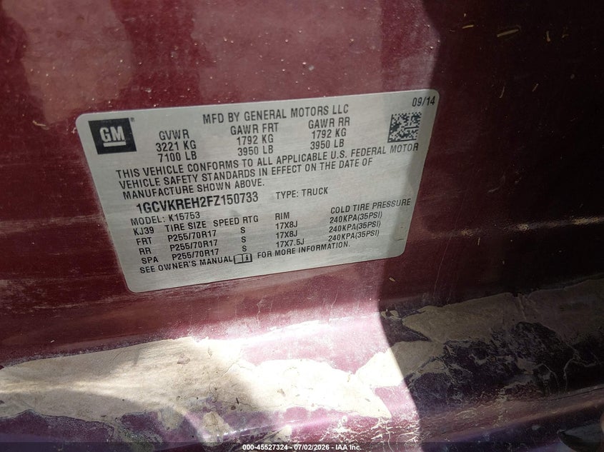 2015 Chevrolet Silverado VIN 1GCVKREH2FZ150733 IAAI salvage auction — WATER/FLOOD, Salvage (West Virginia), sold $2,050 on 2026-07-23 (photo 9)