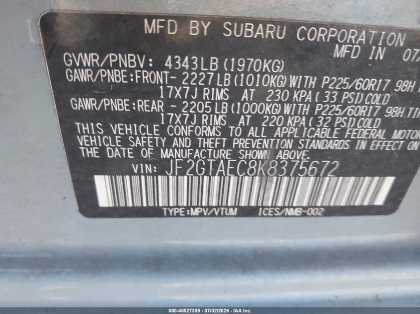 2019 Subaru Xv VIN JF2GTAEC8K8375672 IAAI salvage auction — FRONT END, Salvage (Pennsylvania), sold $3,850 on 2026-07-31 (photo 9)
