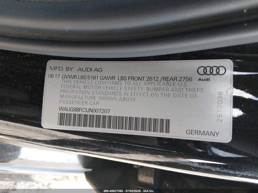 2018 Audi A6 VIN WAUG8BFC3JN007207 IAAI salvage auction — REAR END, Clear (Arkansas), sold $275 on 2026-07-29 (photo 9)