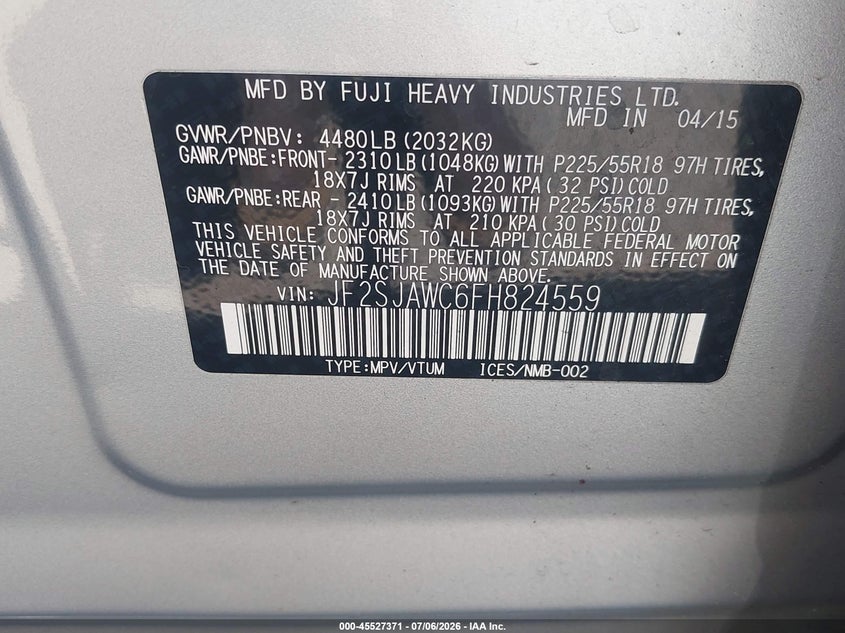 2015 Subaru Forester VIN JF2SJAWC6FH824559 IAAI salvage auction — NORMAL WEAR, Clear (Washington), sold $1,300 on 2026-07-22 (photo 9)
