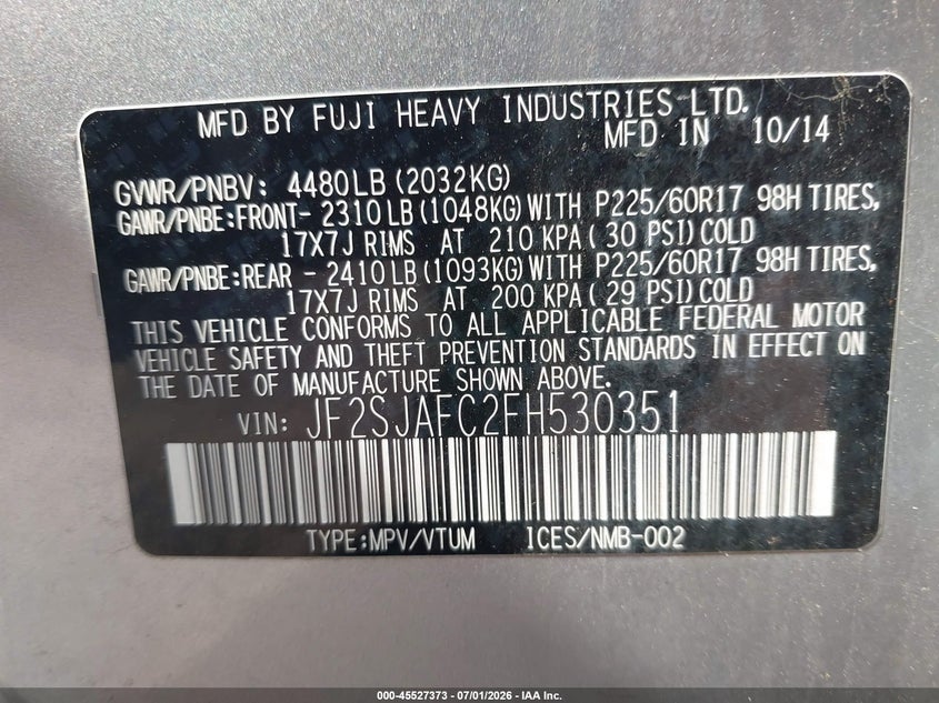 2015 Subaru Forester VIN JF2SJAFC2FH530351 IAAI salvage auction — NORMAL WEAR, Clear (Maryland), sold $1,550 on 2026-07-09 (photo 9)