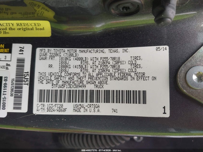 2014 Toyota Tundra VIN 5TFUW5F13EX389499 IAAI salvage auction — FRONT END, Nrc Lienholder Repossession Paperwork (Texas), sold $6,100 on 2026-07-23 (photo 9)