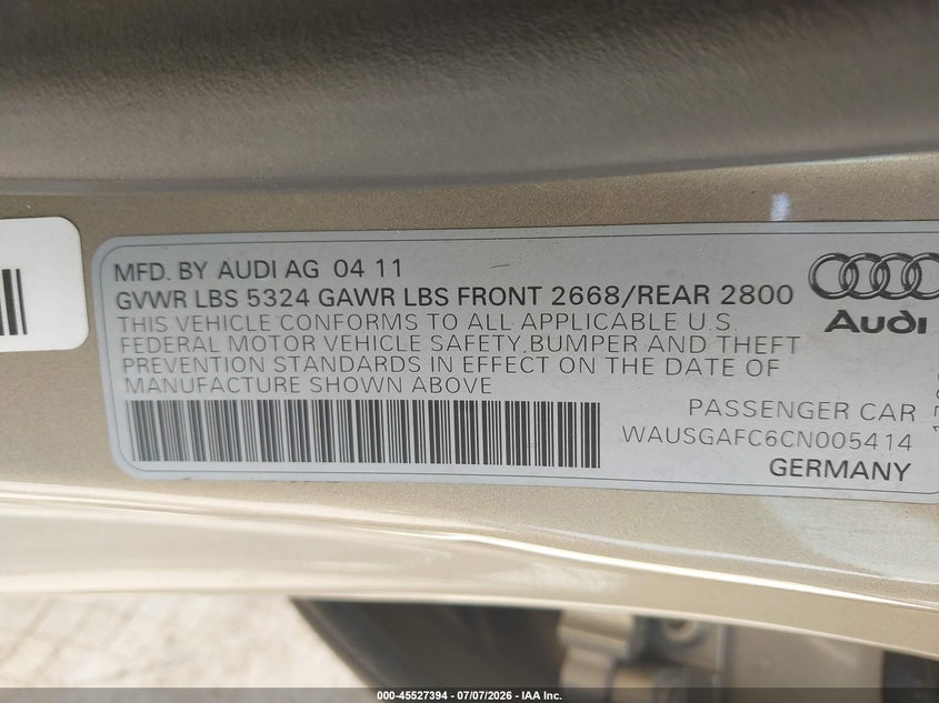 2012 Audi A7 VIN WAUSGAFC6CN005414 IAAI salvage auction — FRONT END, Clear (Wisconsin), sold $1,850 on 2026-07-15 (photo 9)