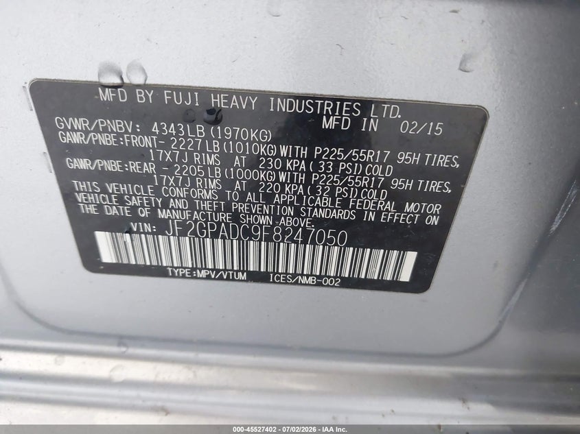 2015 Subaru Xv VIN JF2GPADC9F8247050 IAAI salvage auction — ROLLOVER, Non-Repairable (Virginia), sold $200 on 2026-07-31 (photo 9)