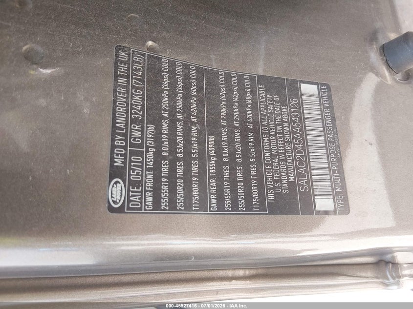 2010 Land rover Lr4 VIN SALAC2D45AA543126 IAAI salvage auction — NORMAL WEAR, Original (Texas), sold $900 on 2026-07-20 (photo 9)