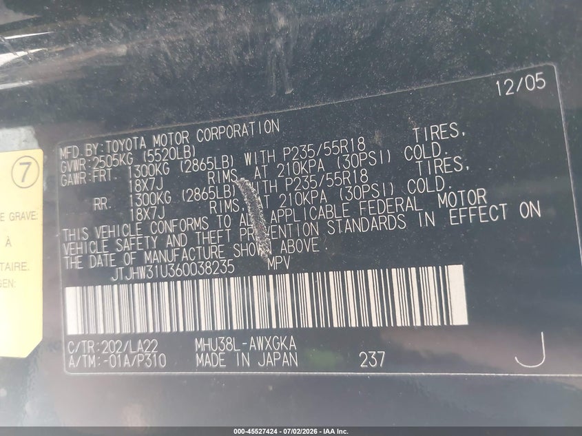 2006 Lexus Rx 400h VIN JTJHW31U360038235 IAAI salvage auction — FRONT & REAR, Nrc Lienholder Repossession Paperwork (Utah), sold $25 on 2026-07-23 (photo 9)
