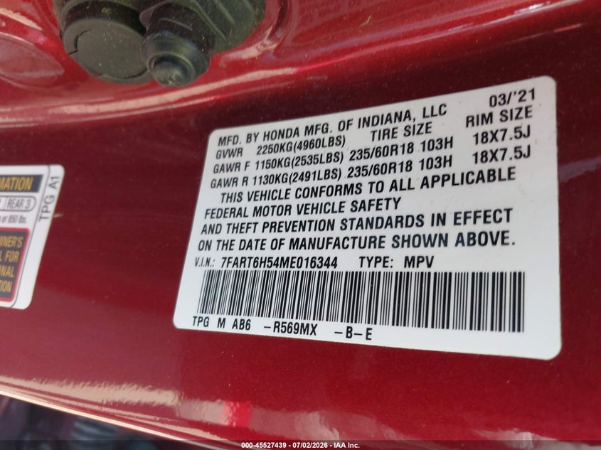 2021 Honda Cr-v VIN 7FART6H54ME016344 IAAI salvage auction — ROOF, Salvage (Ohio), sold $8,200 on 2026-07-17 (photo 9)