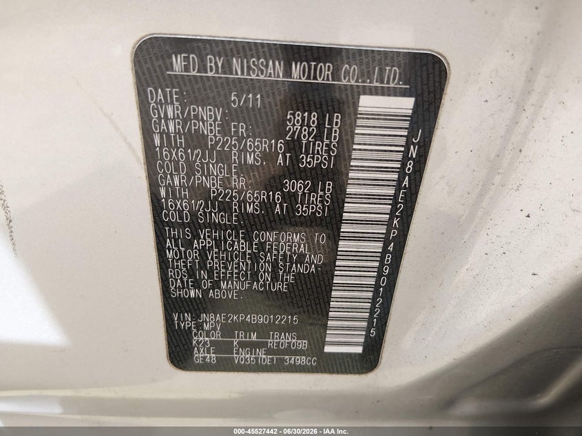 2011 Nissan Quest VIN JN8AE2KP4B9012215 IAAI salvage auction — NORMAL WEAR, Clear (Virginia), sold $700 on 2026-07-30 (photo 9)