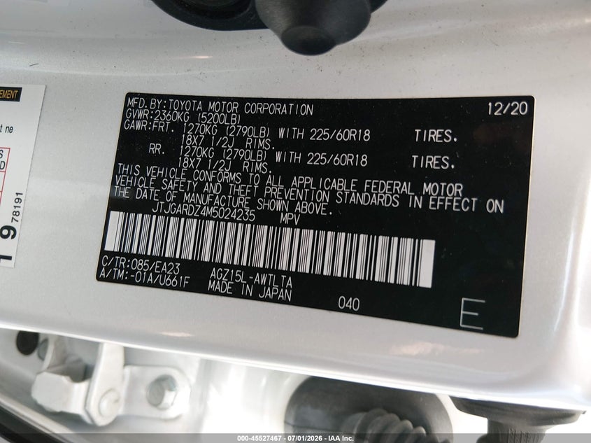 2021 Lexus Nx VIN JTJGARDZ4M5024235 IAAI salvage auction — HAIL, Salvage (Ohio), sold $17,400 on 2026-07-28 (photo 9)