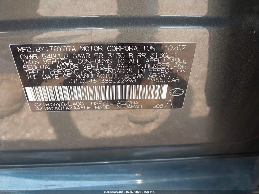 2008 Lexus Ls 460 VIN JTHGL46F385022998 IAAI salvage auction — NORMAL WEAR, Clear (Alabama), sold $675 on 2026-07-15 (photo 8)