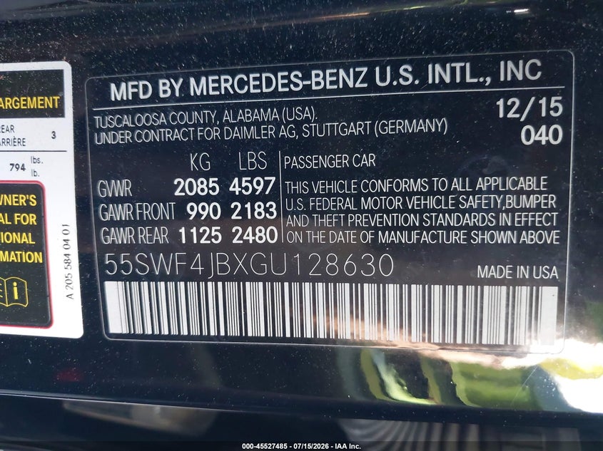 2016 Mercedes-benz C-klasse VIN 55SWF4JBXGU128630 IAAI salvage auction — FRONT END, Salvage Certificate (California), sold $1,650 on 2026-07-29 (photo 9)