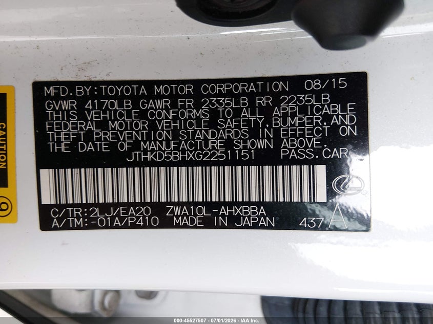 2016 Lexus Ct 200h VIN JTHKD5BHXG2251151 IAAI salvage auction — FRONT END, Bill Of Sale (Washington), sold $2,600 on 2026-08-25 (photo 9)