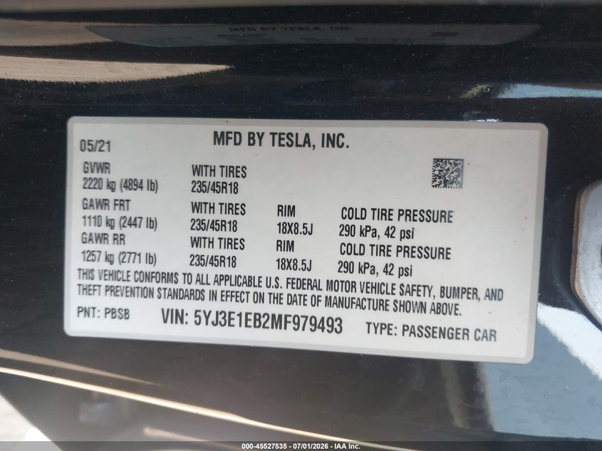 2021 Tesla Model 3 VIN 5YJ3E1EB2MF979493 IAAI salvage auction — RIGHT SIDE, Salvage Title, sold $7,000 on 2026-07-29 (photo 9)