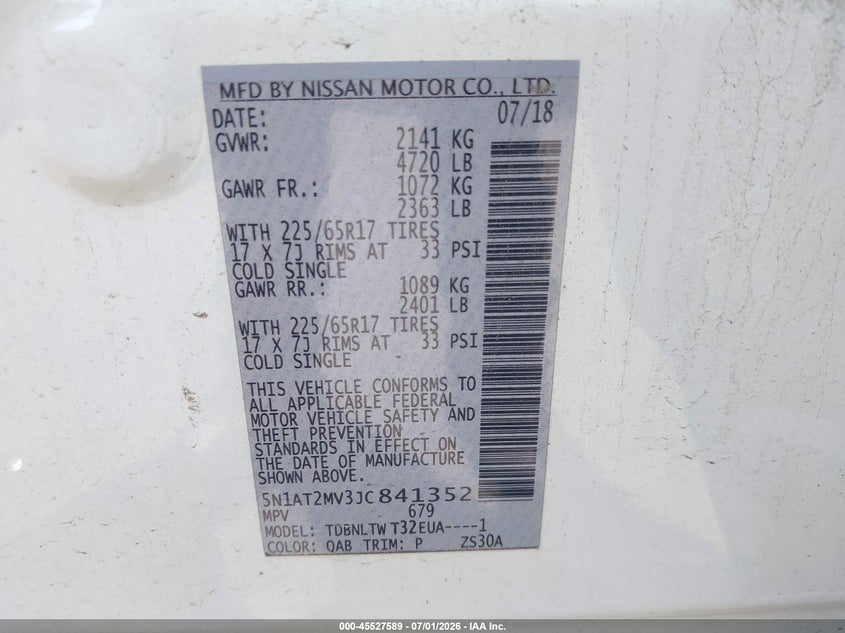2018 Nissan Rogue VIN 5N1AT2MV3JC841352 IAAI salvage auction — REAR END, Salvage Title, sold $2,100 on 2026-07-23 (photo 9)