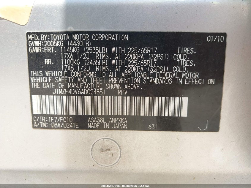 2010 Toyota Rav4 VIN JTMZF4DV6AD024851 IAAI salvage auction — NORMAL WEAR, Clear (Tennessee), sold $1,400 on 2026-07-15 (photo 9)