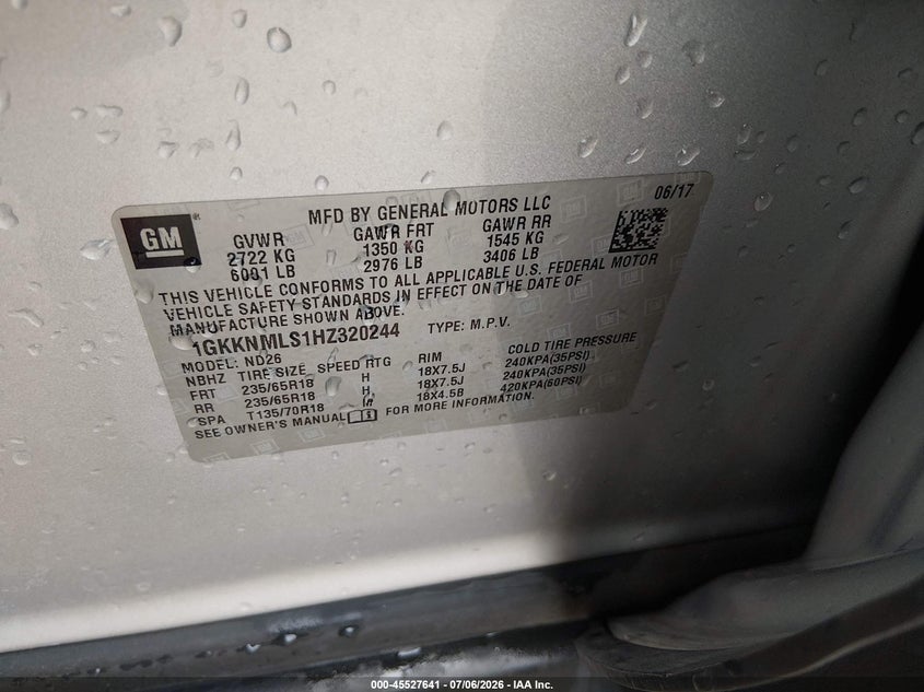 2017 Gmc Acadia VIN 1GKKNMLS1HZ320244 IAAI salvage auction — FRONT END, Clear (Indiana), sold $2,500 on 2026-08-03 (photo 9)