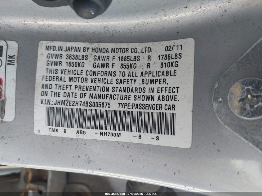 2011 Honda Insight VIN JHMZE2H74BS005875 IAAI salvage auction — LEFT SIDE, Mv-907A (New York), sold $375 on 2026-07-16 (photo 9)