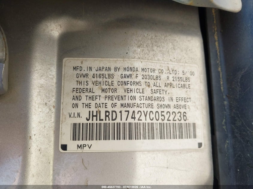 2000 Honda Cr-v VIN JHLRD1742YC052236 IAAI salvage auction — NORMAL WEAR, Clear (Montana), sold $600 on 2026-07-29 (photo 9)