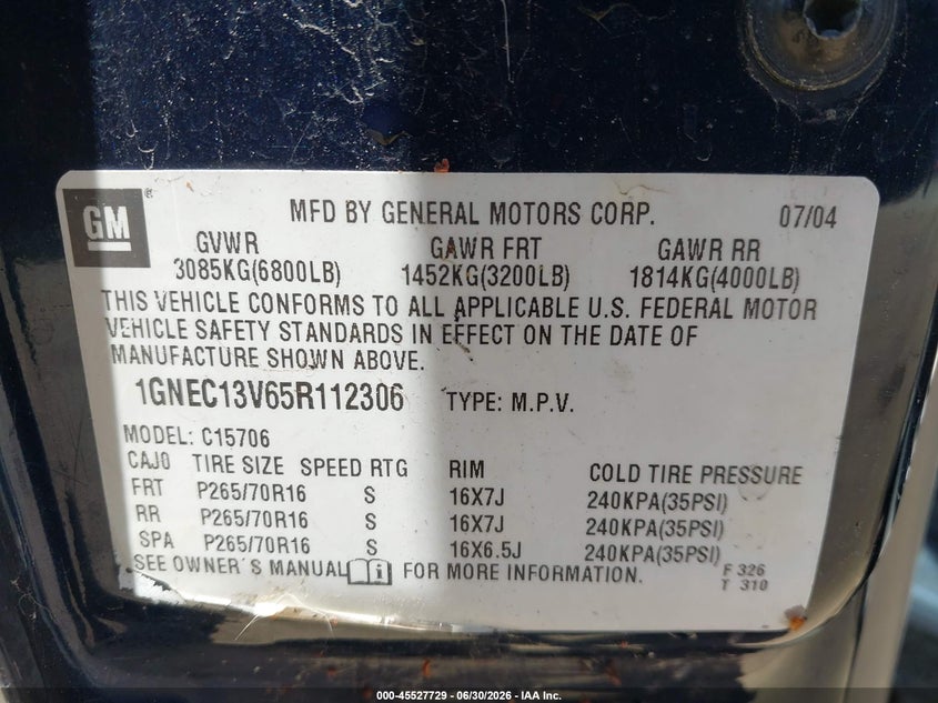 2005 Chevrolet Tahoe VIN 1GNEC13V65R112306 IAAI salvage auction — NORMAL WEAR, Clear - Dealer Only (California), sold $450 on 2026-07-23 (photo 9)