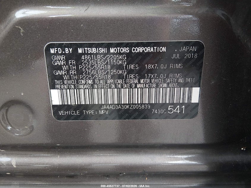 2019 Mitsubishi Outlander VIN JA4AD3A30KZ005839 IAAI salvage auction — WATER/FLOOD, Wait Title, sold $1,050 on 2026-09-16 (photo 9)