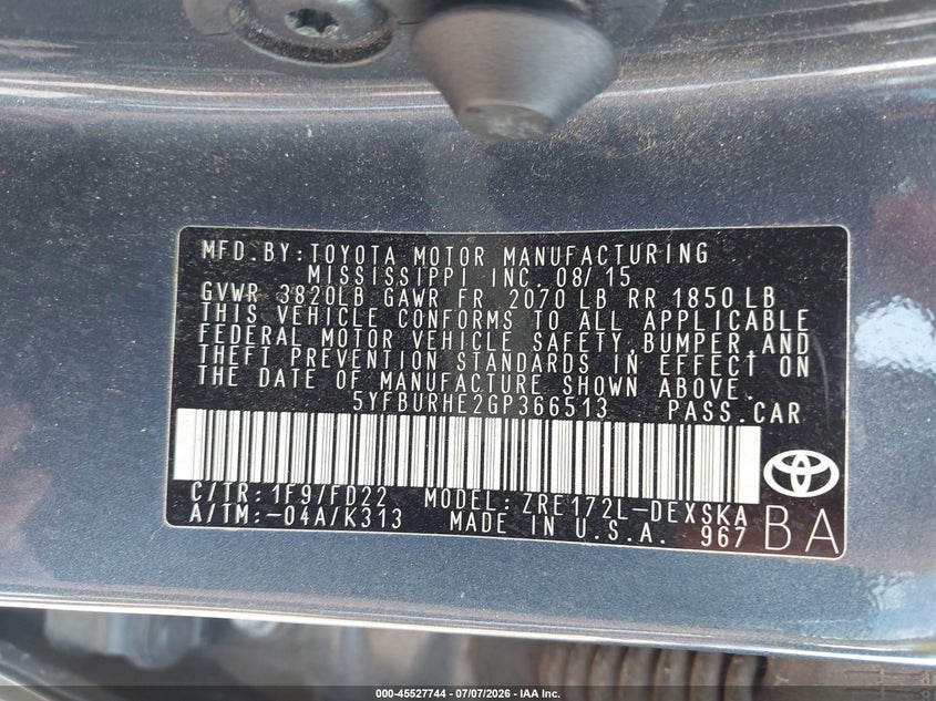 2016 Toyota Corolla VIN 5YFBURHE2GP366513 IAAI salvage auction — HAIL, Salvage (Kansas), sold $325 on 2026-07-31 (photo 9)