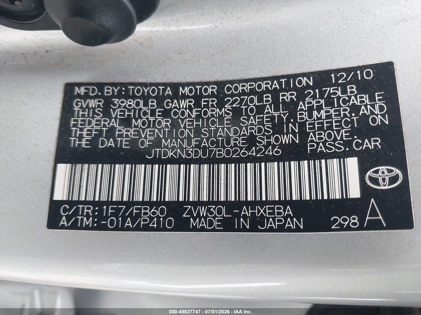 2011 Toyota Prius VIN JTDKN3DU7B0264246 IAAI salvage auction — NORMAL WEAR, Clear - Dealer Only (California), sold $2,350 on 2026-07-09 (photo 9)
