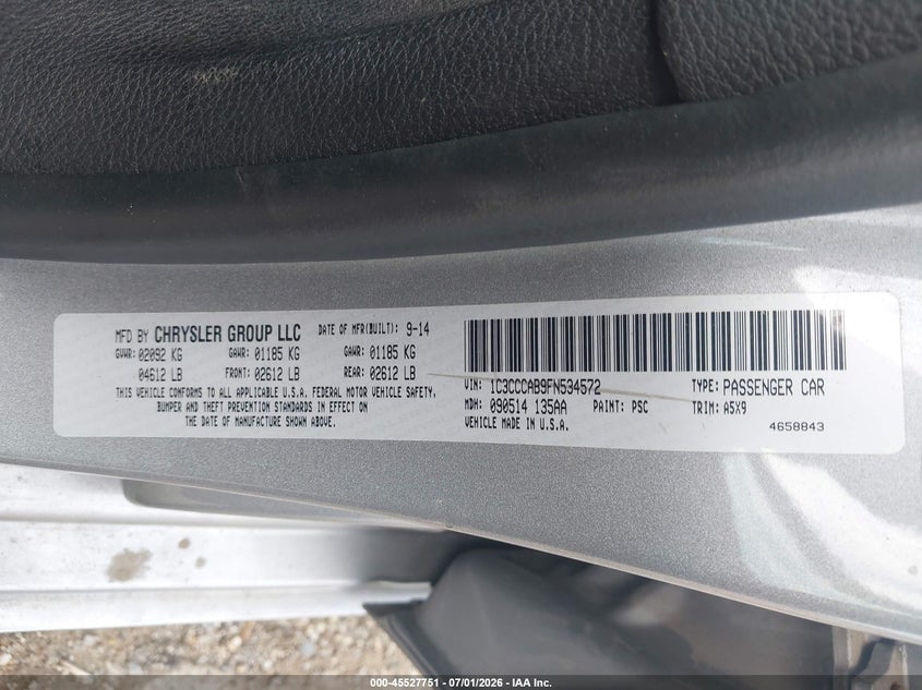 2015 Chrysler 200 VIN 1C3CCCAB9FN534572 IAAI salvage auction — FRONT END, Salvage Title, sold $375 on 2026-07-24 (photo 9)