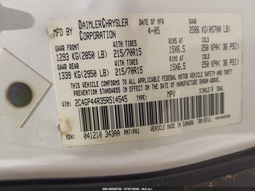 2005 Chrysler Town & country VIN 2C4GP44R35R514545 IAAI salvage auction — NORMAL WEAR, Clear (Alabama), sold $400 on 2026-07-27 (photo 9)