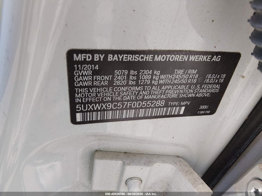 2015 BMW X3 VIN 5UXWX9C57F0D55288 IAAI salvage auction — FRONT END, Clear (New Jersey), sold $1,900 on 2026-07-06 (photo 9)