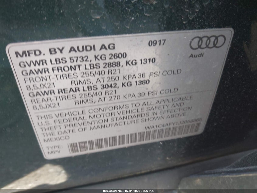2018 Audi Sq5 VIN WA1C4AFY1J2058865 IAAI salvage auction — SIDE, Salvage Title, sold $9,100 on 2026-07-23 (photo 9)