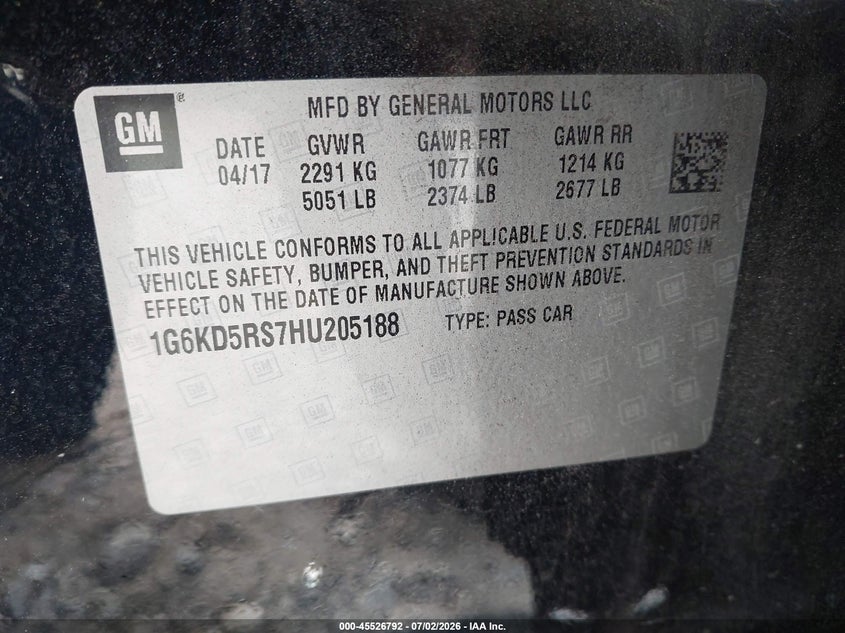 2017 Cadillac Ct6 VIN 1G6KD5RS7HU205188 IAAI salvage auction — FRONT END, Salvage (Idaho), sold $500 on 2026-07-29 (photo 9)
