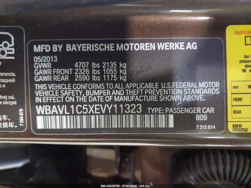 2014 BMW X1 VIN WBAVL1C5XEVY11323 IAAI salvage auction — NORMAL WEAR, Clear (Pennsylvania), sold $1,425 on 2026-07-16 (photo 9)