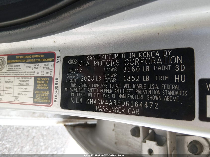 2013 Kia Rio VIN KNADM4A36D6164472 IAAI salvage auction — THEFT, Salvage (Missouri), sold $600 on 2026-08-25 (photo 9)