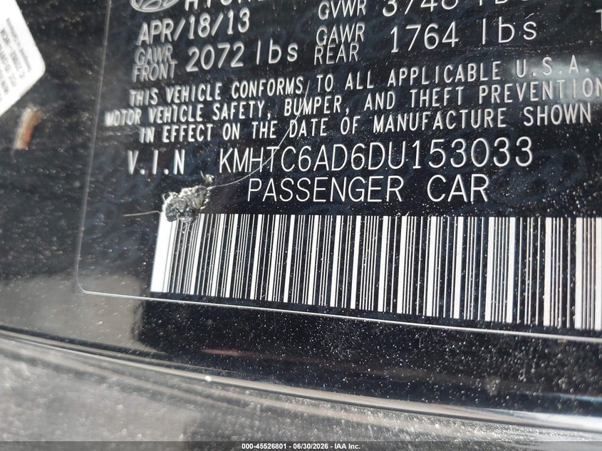 2013 Hyundai Veloster VIN KMHTC6AD6DU153033 IAAI salvage auction — RIGHT SIDE, Original (Texas), sold $500 on 2026-07-08 (photo 9)