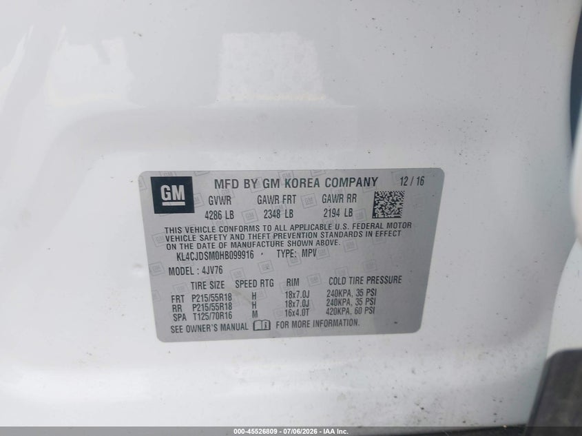 2017 Buick Encore VIN KL4CJDSM0HB099916 IAAI salvage auction — FRONT END, Salvage (California), sold $600 on 2026-07-20 (photo 9)