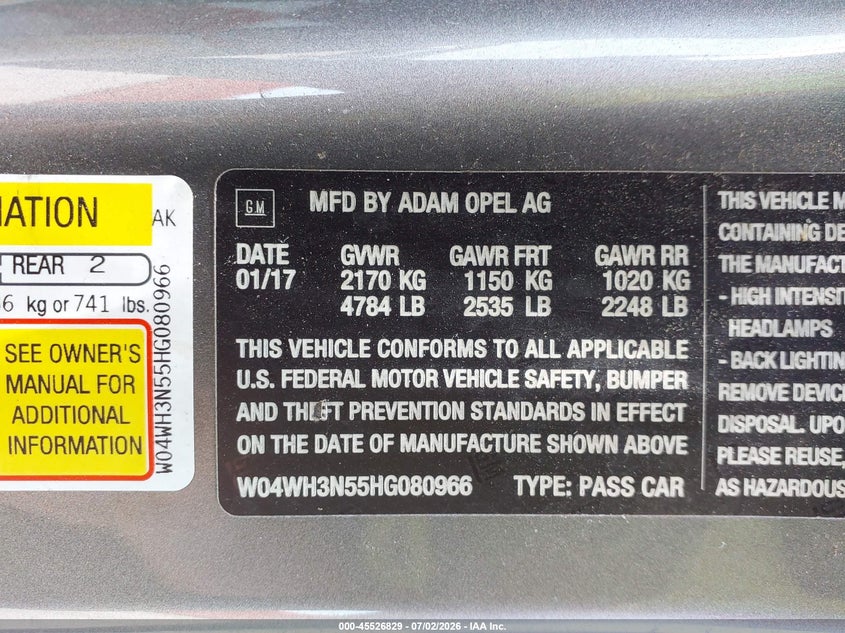 2017 Buick Cascada VIN W04WH3N55HG080966 IAAI salvage auction — FRONT END, Salvage - Greater Than 75% (Maryland), sold $1,050 on 2026-07-30 (photo 9)