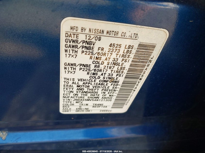 2010 Nissan Rogue VIN JN8AS5MV5AW121305 IAAI salvage auction — REAR END, Mv-907A (New York), sold $25 on 2026-07-28 (photo 9)