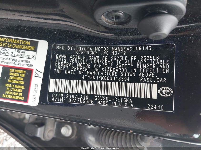 2012 Toyota Camry VIN 4T1BK1FK8CU018594 IAAI salvage auction — REAR END, Salvage (South Carolina), sold $3,650 on 2026-07-19 (photo 9)