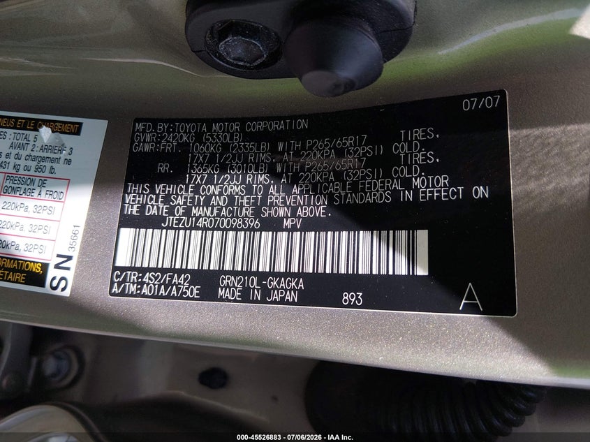 2007 Toyota 4runner VIN JTEZU14R070098396 IAAI salvage auction — REAR END, Salvage (South Carolina), sold $2,650 on 2026-08-02 (photo 9)
