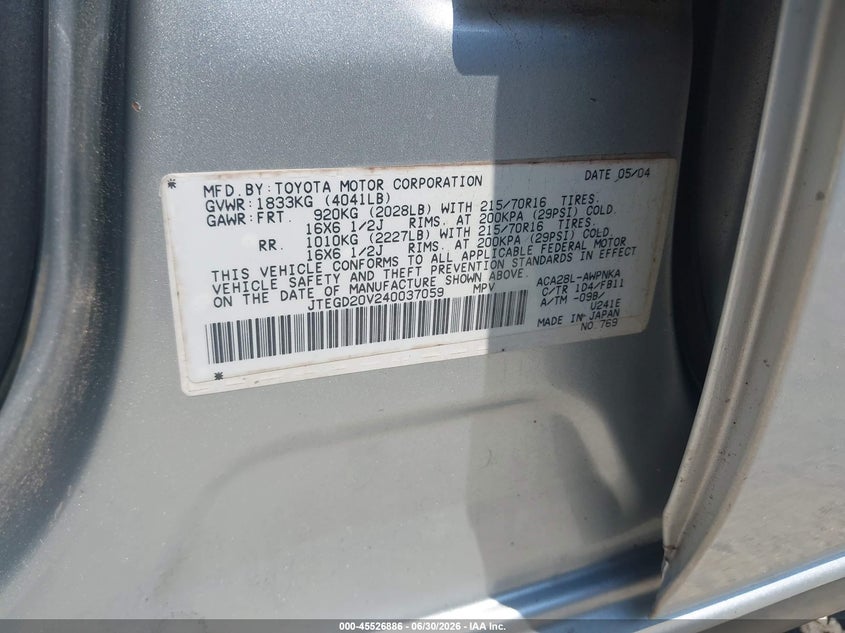 2004 Toyota Rav4 VIN JTEGD20V240037059 IAAI salvage auction — NORMAL WEAR, Clear (Georgia), sold $1,350 on 2026-07-21 (photo 9)