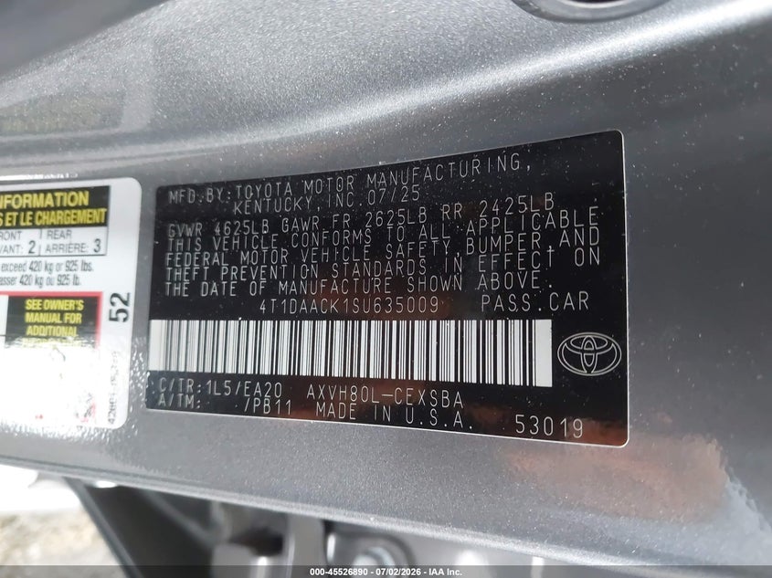 2025 Toyota Camry VIN 4T1DAACK1SU635009 IAAI salvage auction — REAR END, Salvage Title, sold $12,100 on 2026-07-31 (photo 9)