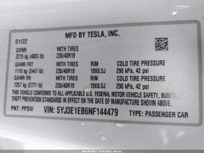 2022 Tesla Model 3 VIN 5YJ3E1EB6NF144479 IAAI salvage auction — REAR END, Salvage Title, sold $10,600 on 2026-07-22 (photo 9)