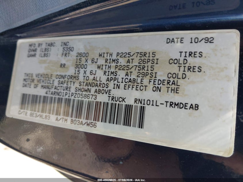 1993 Toyota Pickup VIN 4TARN01P1PZ058673 IAAI salvage auction — NORMAL WEAR, Clear (Idaho), sold $13,200 on 2026-07-28 (photo 9)