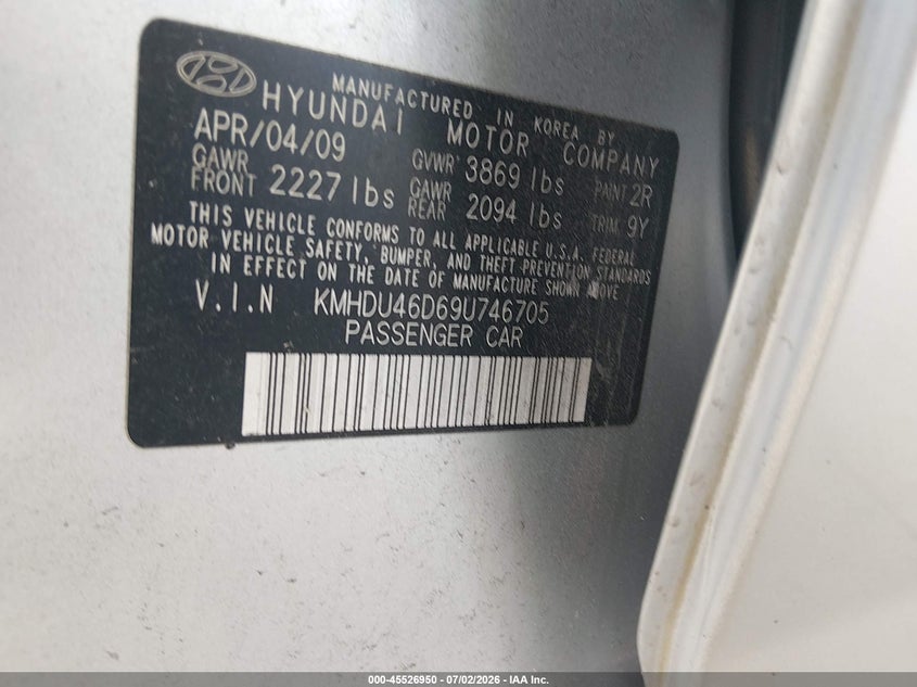 2009 Hyundai Elantra VIN KMHDU46D69U746705 IAAI salvage auction — FRONT & REAR, Rebuildable (Florida), sold $25 on 2026-07-21 (photo 9)