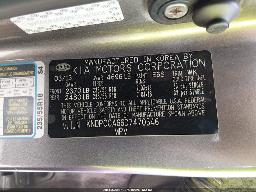 2013 Kia Sportage VIN KNDPCCA66D7470346 IAAI salvage auction — SIDE, Salvage - Greater Than 75% (Maryland), sold $1,150 on 2026-07-30 (photo 9)