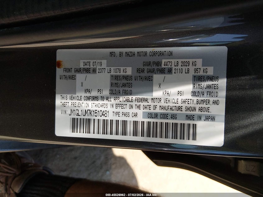 2019 Mazda 6 VIN JM1GL1UM7K1510481 IAAI salvage auction — FRONT END, Salvage Title, sold $3,600 on 2026-07-22 (photo 9)