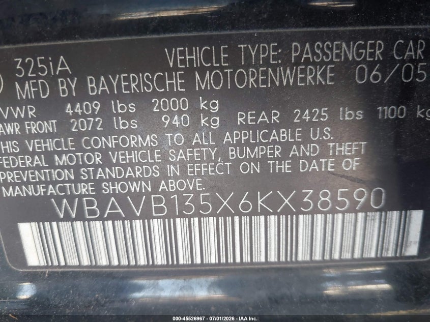 2006 BMW 3 series VIN WBAVB135X6KX38590 IAAI salvage auction — FRONT END, Salvage (California), sold $150 on 2026-07-09 (photo 9)