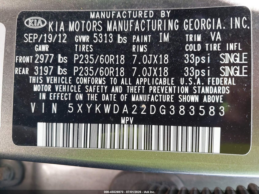 2013 Kia Sorento VIN 5XYKWDA22DG383583 IAAI salvage auction — NORMAL WEAR, Original (Maine), sold $1,300 on 2026-07-13 (photo 9)